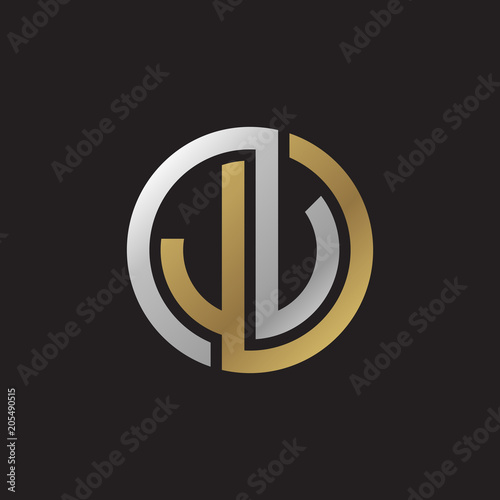 Initial letter JV, JU, looping line, circle shape logo, silver gold color on black background