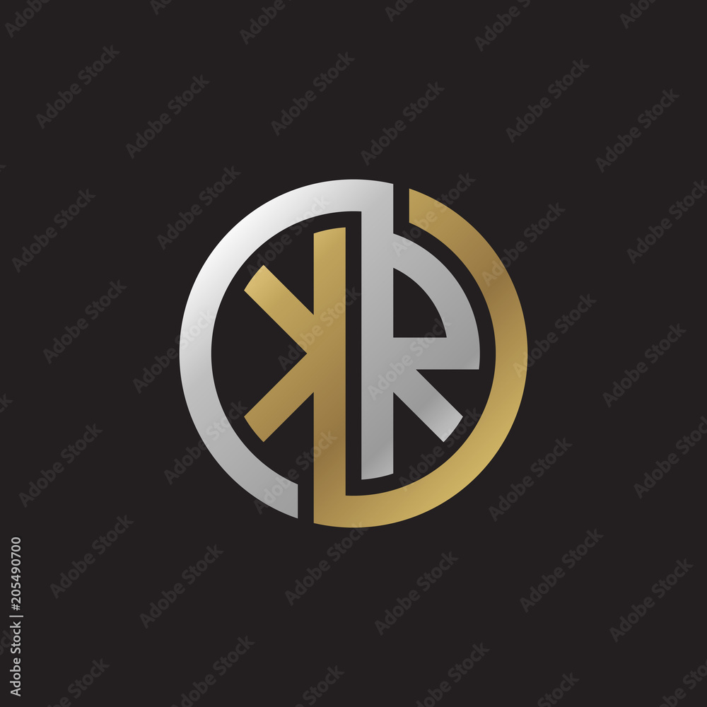 Initial letter KR, looping line, circle shape logo, silver gold color on black background Initial letter KR, looping line, circle shape logo, silver gold color on black background