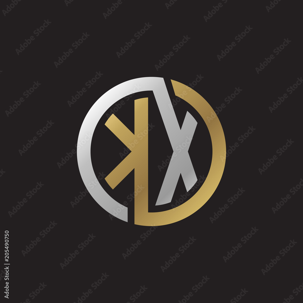 Initial letter KX, looping line, circle shape logo, silver gold color on black background Initial letter KX, looping line, circle shape logo, silver gold color on black background