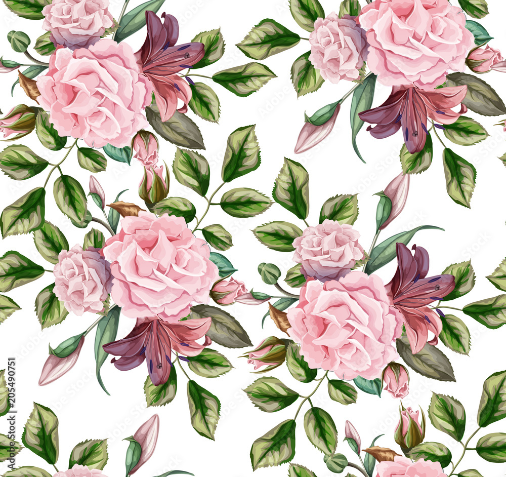 vector rose flower blossom leaf seamless pattern