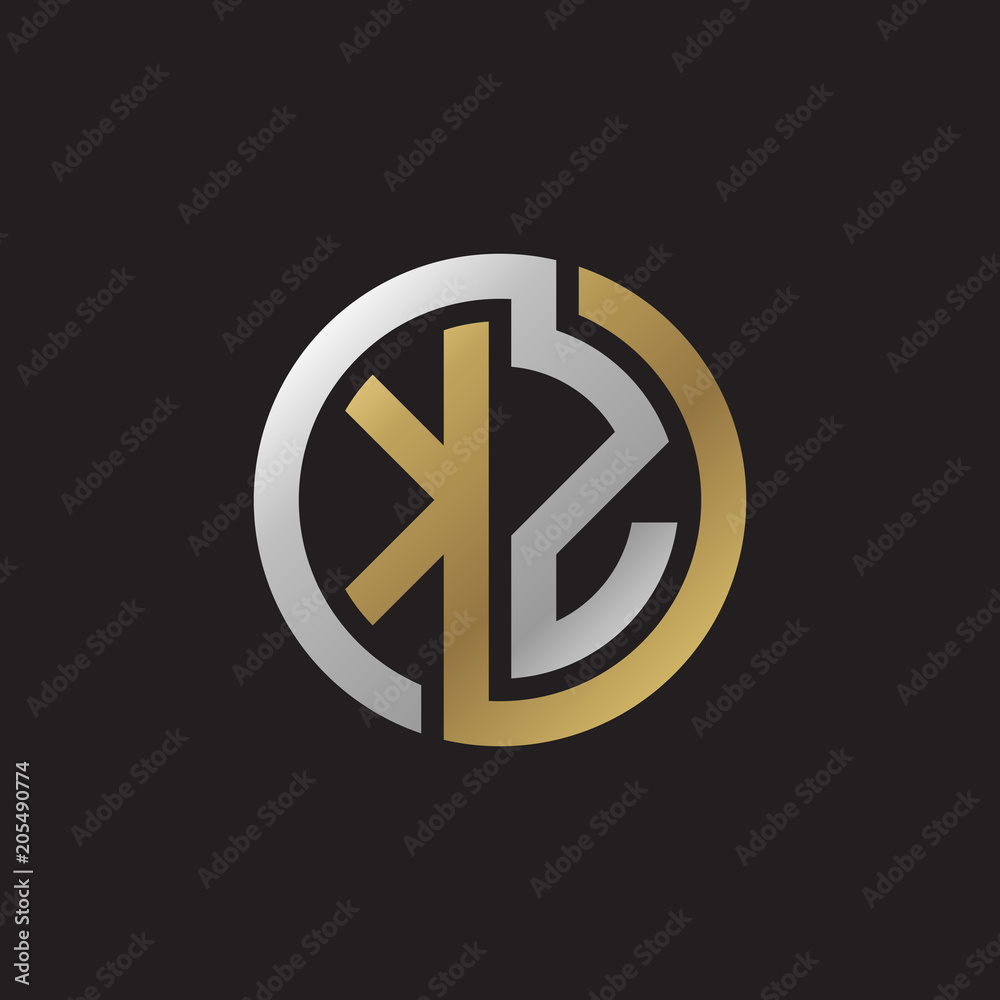 Initial letter KZ, looping line, circle shape logo, silver gold color on black background Initial letter KZ, looping line, circle shape logo, silver gold color on black background