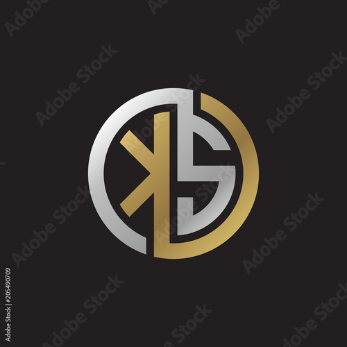 Initial letter KS, looping line, circle shape logo, silver gold color on black background