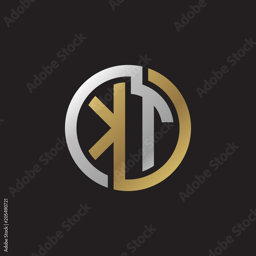 Initial letter KT, looping line, circle shape logo, silver gold color on black background