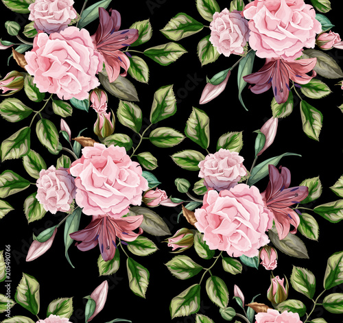 vector rose flower blossom leaf seamless pattern