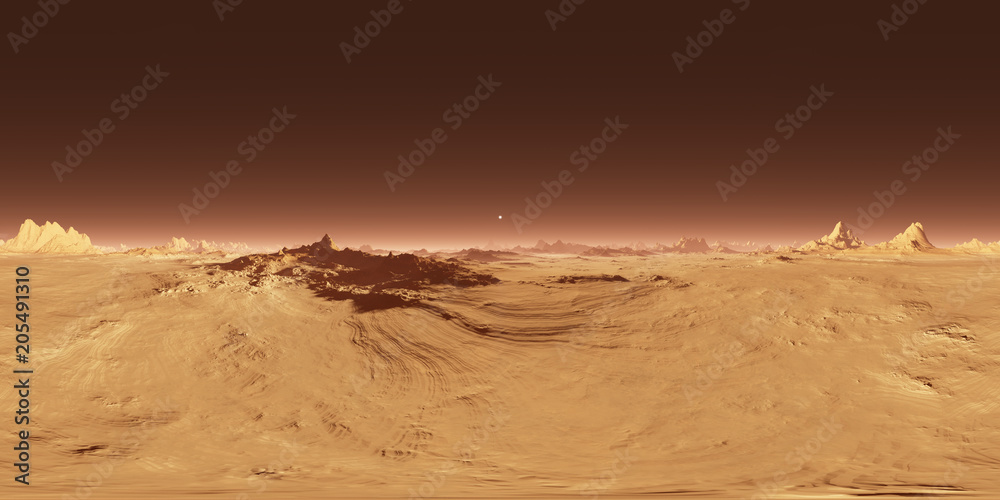 Fototapeta premium 360 Equirectangular projection of Mars sunset. Martian landscape, HDRI environment map. Spherical panorama. 3d illustration