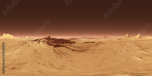 360 Equirectangular projection of Mars sunset. Martian landscape, HDRI environment map. Spherical panorama. 3d illustration