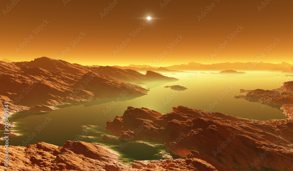 Titan, largest moon of Saturn with atmosphere. Surface landscape of Titan. Evaporating the hydrocarbon lakes.