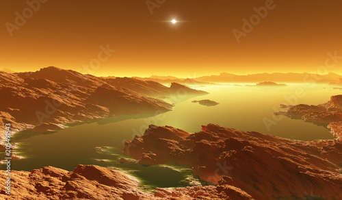 Fototapeta Naklejka Na Ścianę i Meble -  Titan, largest moon of Saturn with atmosphere. Surface landscape of Titan. Evaporating the hydrocarbon lakes.