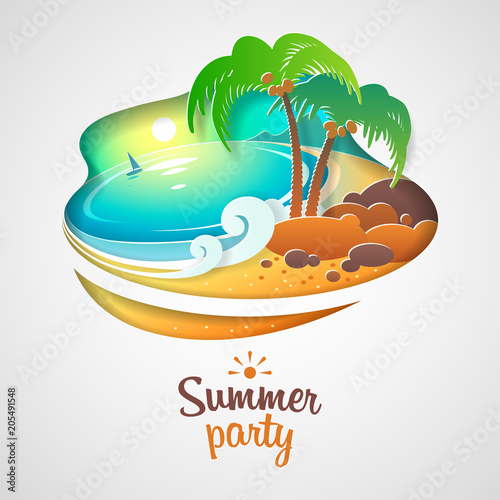 Summer Party. Landscape - seacoast with palm trees on the background of sunrise in warm time of the year. Paper art style.