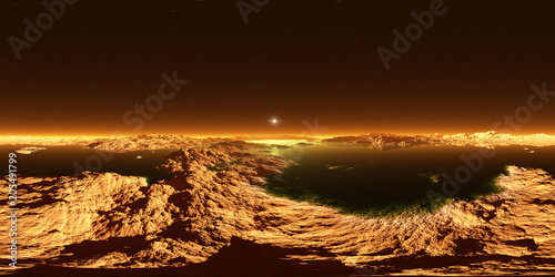 Fototapeta Naklejka Na Ścianę i Meble -  Titan, largest moon of Saturn with atmosphere. Panorama, environment 360 HDRI map. Equirectangular projection, spherical panorama. Surface landscape of Titan. Evaporating the hydrocarbon lakes.