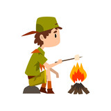 Boy scout character in uniform frying marshmallow on bonfire, outdoor adventures and survival activity in camping vector Illustration on a white background