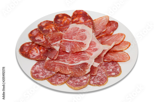 dry-cured cold meat slices on plate and white background