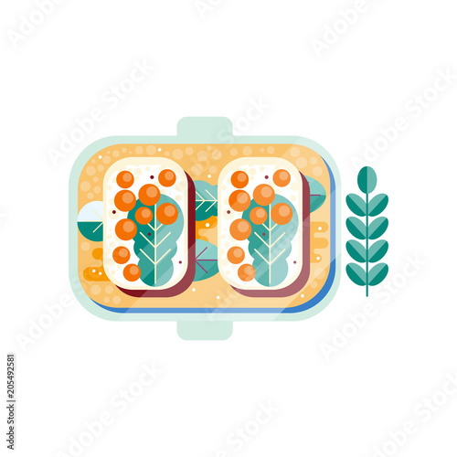White bread with butter, red caviar and green leaf. Delicious sandwiches on plate. Seafood theme. Abstract flat vector design with texture