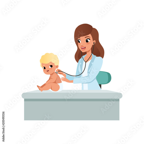 Female pediatrician doing medical sthetoscope examination at doctors office vector Illustration on a white background