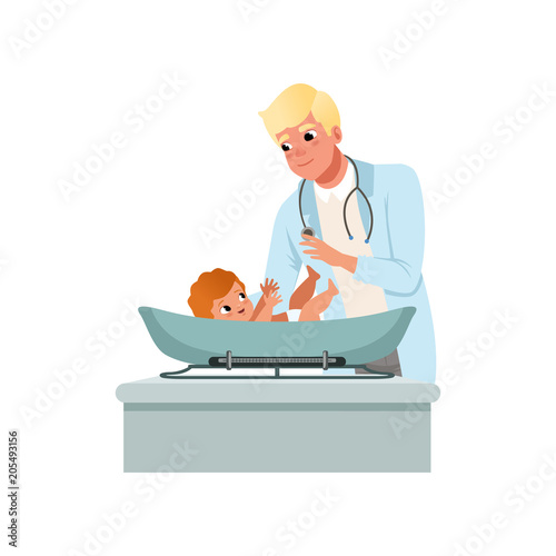 Male pediatrician in white coat weighting baby on scales at doctors office, healthcare for children vector Illustration on a white background