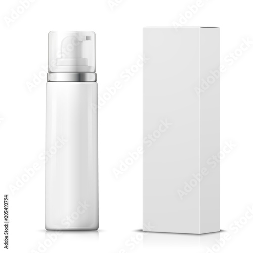 Vector set - 3d realistic foam bottle with paper package box. Mock-up for product package branding.