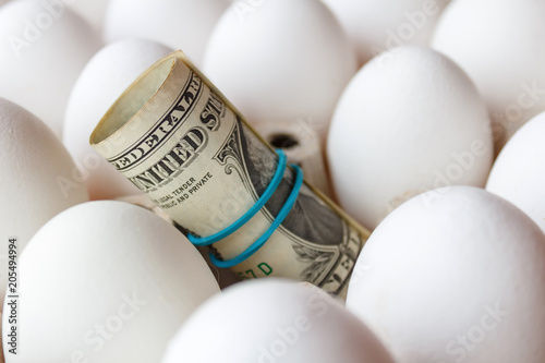 United States dollars rolled into a tube on the white chicken eggs background closeup