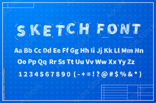 White sketch font on blueprint layout plan
