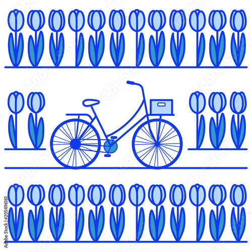 Tulips field and bicycle in delft blue colors. Netherlands line art illustration.