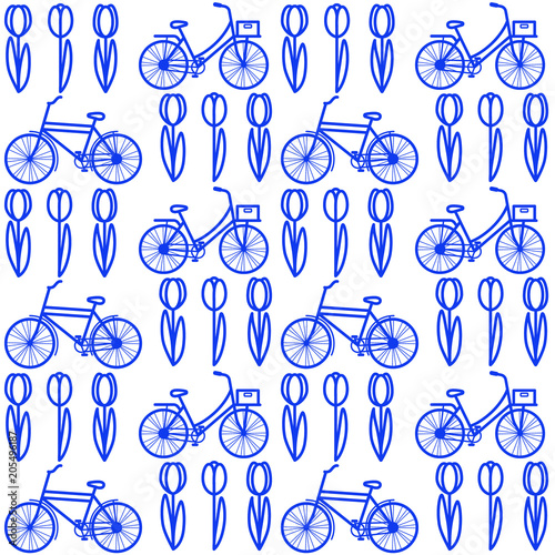 Holland pattern with bicycles and tulips in Delft blue color.