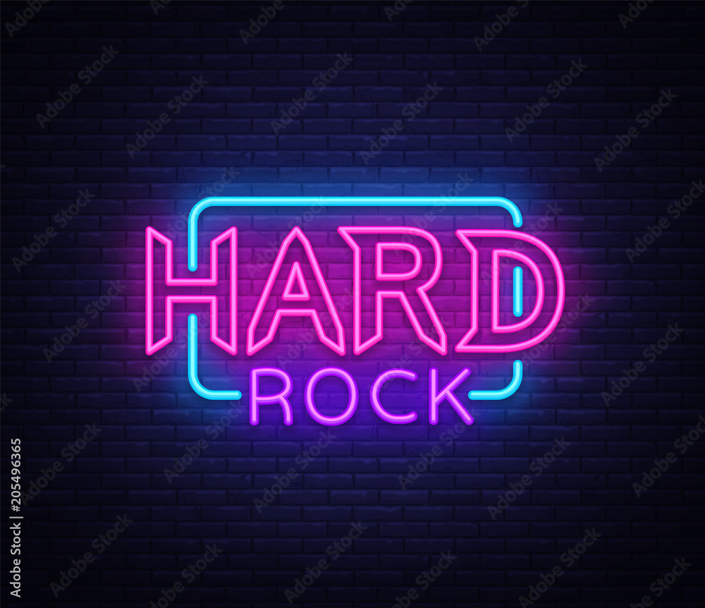 Hard Rock Neon Sign Vector Illustration. Design template neon signboard on Rock Music, Light banner, Bright Night Advertising. Vector