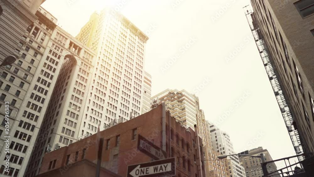 Low Angle Gliding Shot of Modern Buildings Skyscrapers in the New York City. Residential District. POV Dolly Style Shot. Shot on RED Epic 4K UHD Camera.