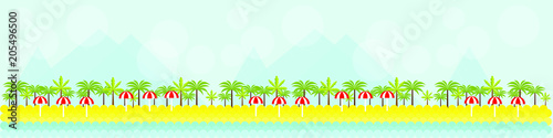 Summer vector illustration for site header, footer, web banner, flyer or postcard, modern flat design conceptual landscapes with sea/ocean, beach, palms and mountains.