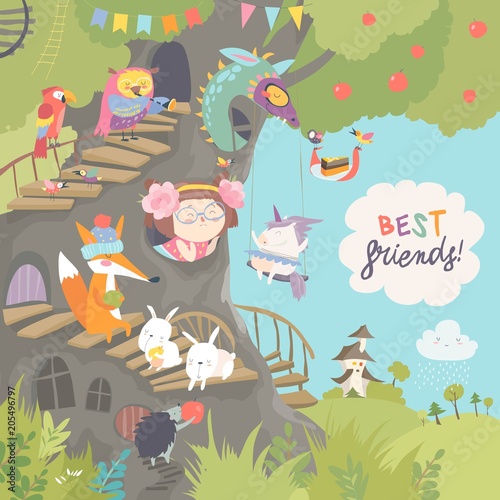 Cute treehouse with little girl and animals