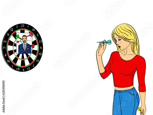 Isolated object on white background girl cries and plays in a wall mounted shooting gallery. Dart in a photo of a man.