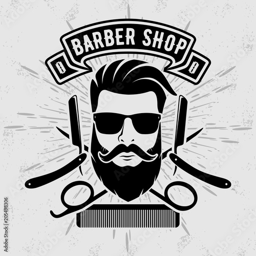 Barber shop vintage label, badge, or emblem on gray background. Vector illustration