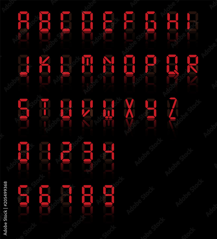 Digital font. Alarm clock letters and number isolated on black background. Vector illustration.