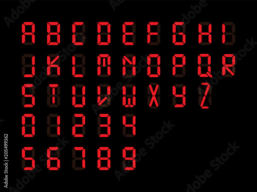 Digital font. Alarm clock letters and number isolated on black background. Vector illustration.