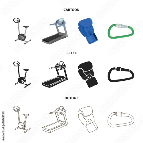 Exercise bike, treadmill, glove boxer, lock. Sport set collection icons in cartoon,black,outline style vector symbol stock illustration web.