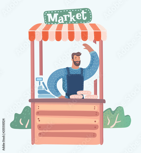 Street seller with beard standing behind market stall