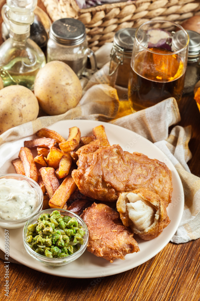 Traditional fish in beer batter and chips