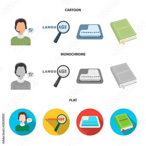 A translator in headphones, a magnifying glass showing translation, a button with an inscription, a book with a bookmark. Interpreter and translator set collection icons in cartoon,flat,monochrome