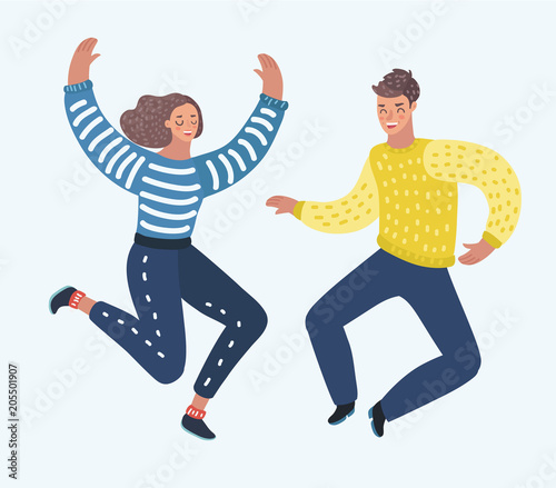 Couple cheerfully jumping with their hands up. 
