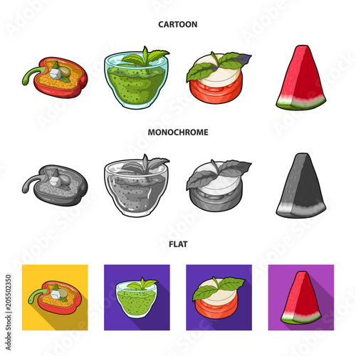 Sweet Bulgarian pepper, vitamin drink, jam with raspberry and mint leaves, a piece of watermelon. Vegetarian dishes set collection icons in cartoon,flat,monochrome style vector symbol stock