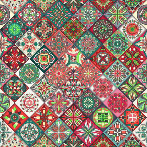 Seamless pattern with decorative mandalas. Vintage mandala elements. Colorful patchwork.