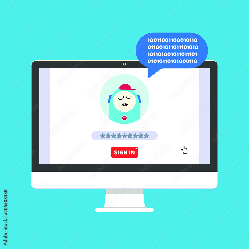Monitor or All in one pc flat design with sign in form and chat bot icon on the screen vector illustration. Technology concept of online sign in, chat bubble,  writing password isolated on background.
