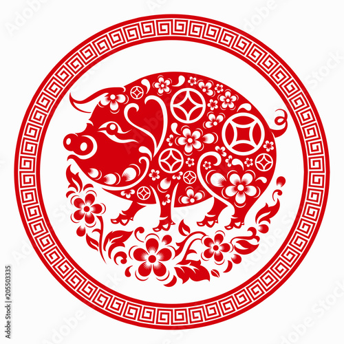 Happy chinese new year 2019 Zodiac sign with red paper cut art and craft style on color Background.(Chinese Translation : Year of the pig)