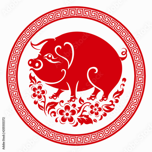 Happy chinese new year 2019 Zodiac sign with red paper cut art and craft style on color Background.(Chinese Translation : Year of the pig)