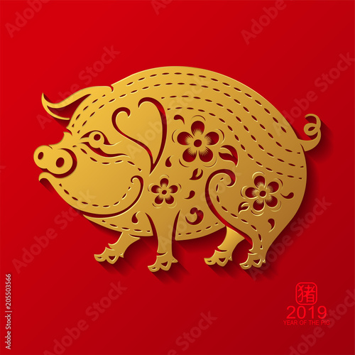 Happy chinese new year 2019 Zodiac sign with gold paper cut art and craft style on color Background.(Chinese Translation : Year of the pig)