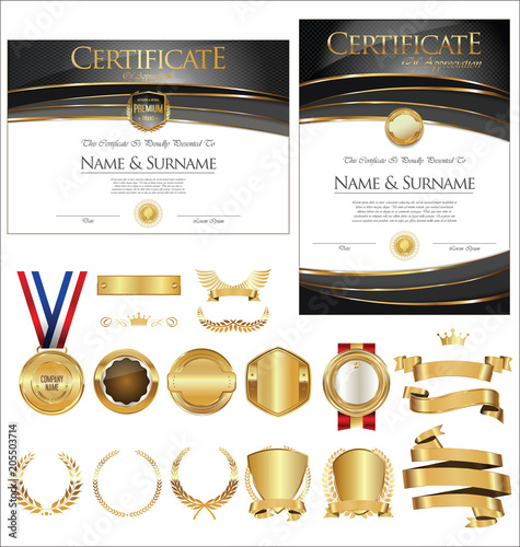 Collection of certificate badges labels shields and laurels 