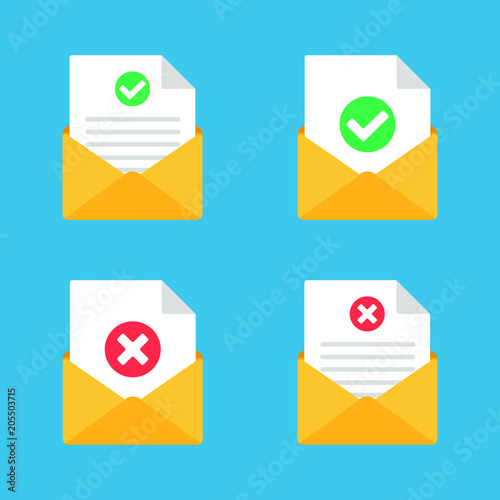 Envelope with document paper sheet  page check mark tick and cross text icon sign vector illustration set. Symbol of email delivery, verification flat design concept isolated on blue background.