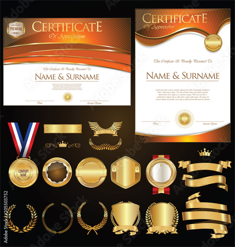 Collection of certificate badges labels shields and laurels 