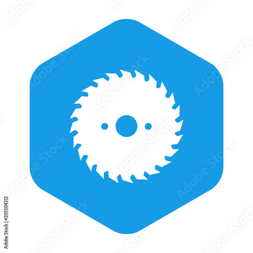 Icono plano hoja de sierra circular en hexagono azul photo