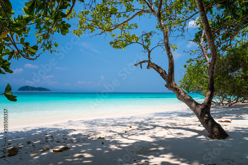 Fototapeta Naklejka Na Ścianę i Meble -  Beautiful tropical island white sand beach blue sky sunny day - Summer breeze traveling holiday