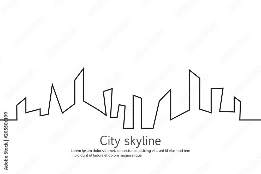 Silhouette of the city in a flat style. Modern urban landscape. Vector illustrations. City skyscrapers building office horizon.Continuous line drawing