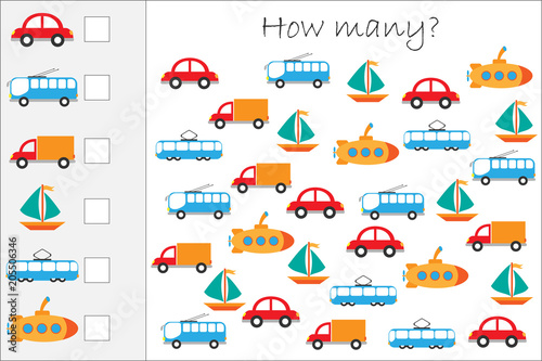 How many counting game with colorful transport for kids, educational maths task for the development of logical thinking, preschool worksheet activity, count  and write the result, vector illustration